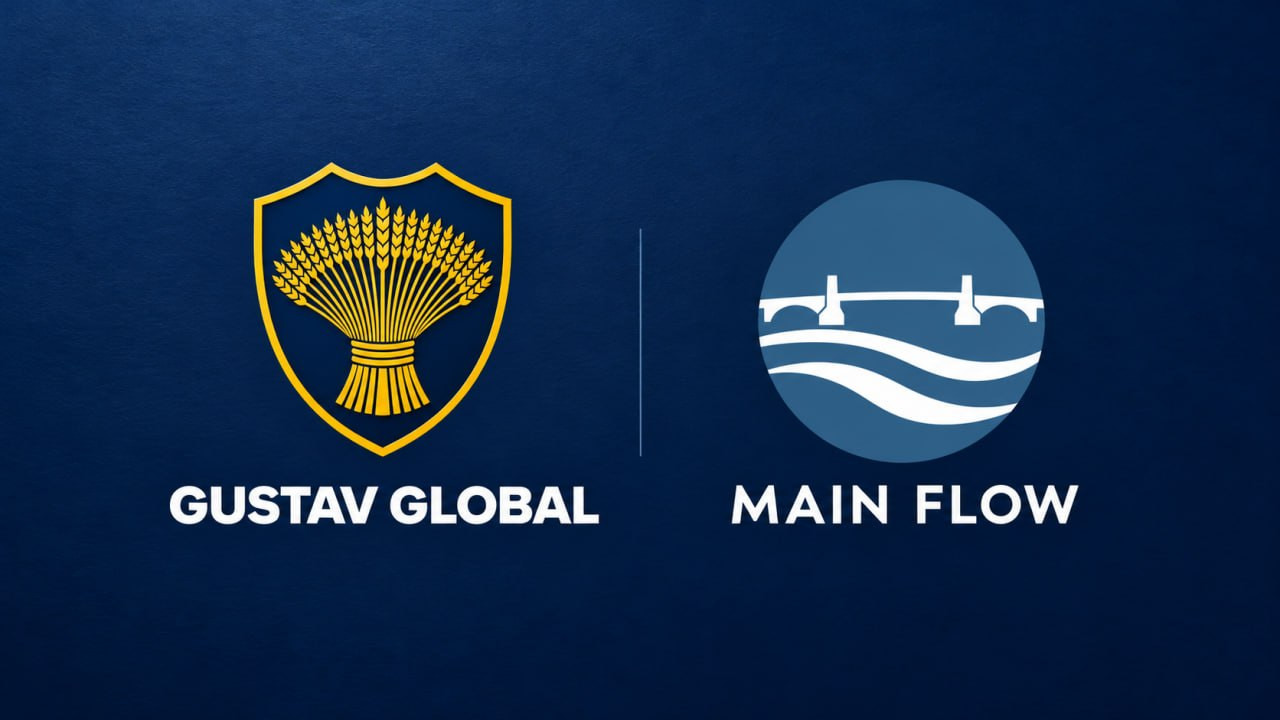 Gustav Global and MAIN FLOW emblems and wordmarks side by side on a navy background