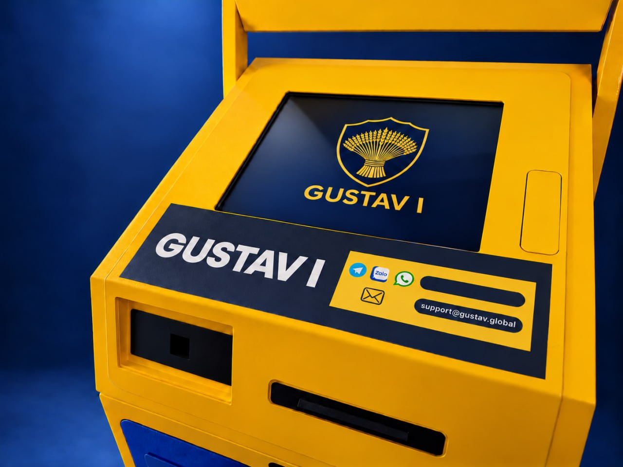 Angled view of the Gustav I touchscreen control panel in its yellow and blue enclosure