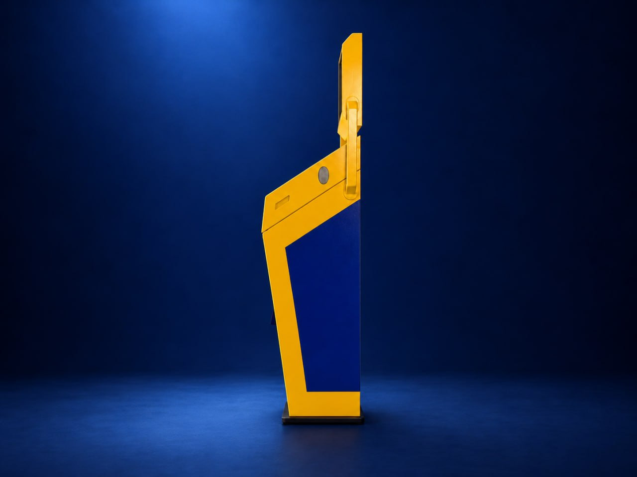 Full side profile of the yellow and blue Gustav I machine against a blue studio backdrop