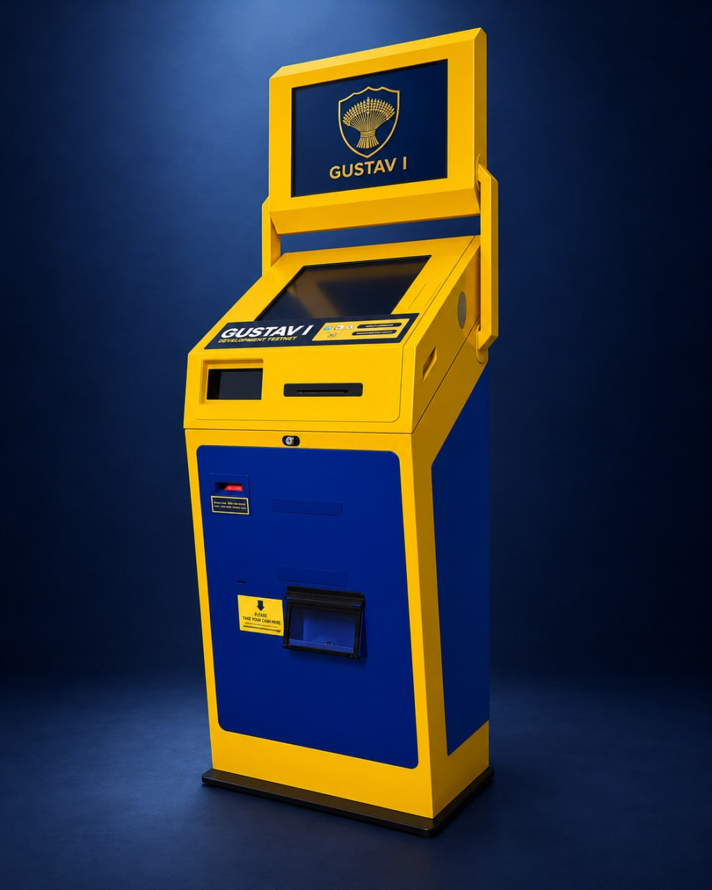 Gustav I machine in yellow and blue, shown in a three-quarter studio view